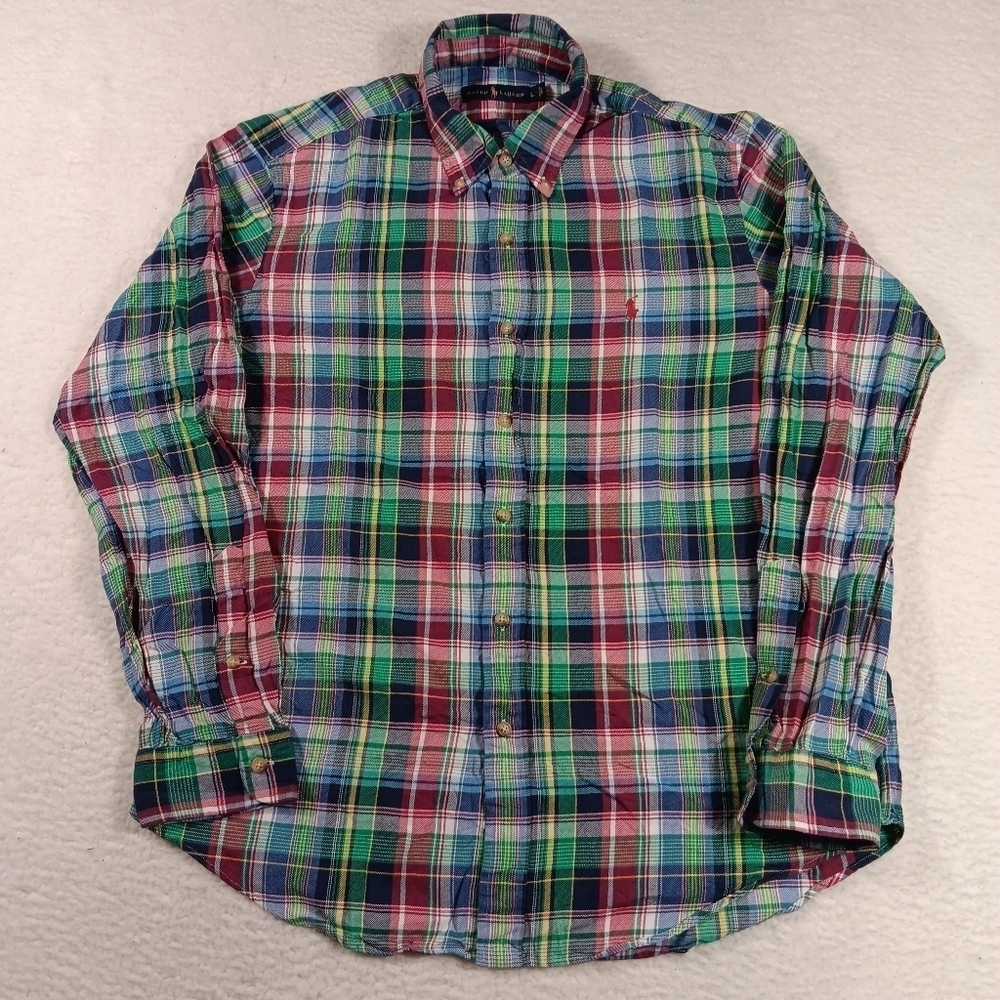 Ralph Lauren Shirt Mens Large Flannel Button Down Madras Plaid Preppy